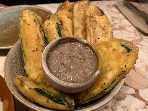 Zucchini fries with yummy walnut toum (dip) at Lillah Middle Eastern in Lane Cove