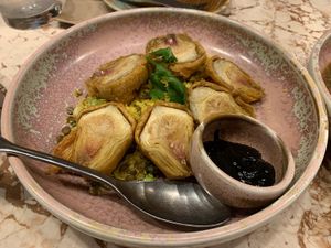 Crispy Artichokes - black garlic aioli on the side for non-vegans at Lillah Middle Eastern in Lane Cove