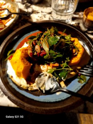 Roast pumpkin on hummus. at Monster Kitchen and Bar in Canberra