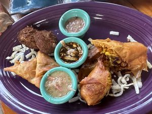 Tofu cakes, samosa and spring rolls   at Rhumb Lines in St John