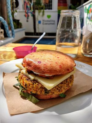 One of best vegan burgers I have ever had. This is all homemade at Coral Restaurante in Cozumel