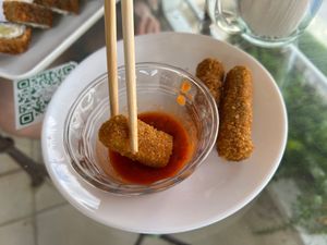 Vegan mozzarella sticks—delicious!  at Coral Restaurante in Cozumel