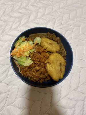 Rice with veggies and lentils + fried plantain   at Los Delfines in Puerto Villamil