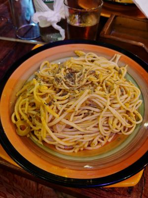 Tomato pasta with extra olives and corn apparently? at Los Delfines in Puerto Villamil