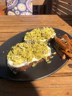 Scrambled tofu toast from the all vegan breakfast  at Box Meal in Dahab