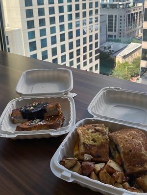 Stuffed French toast and Lumberjack breakfast sandwich. at Brunch Bird in Austin