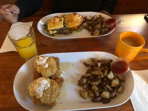 Eggs Benny and chicken biscuit   at Brunch Bird in Austin