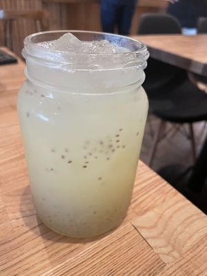 Pina Chia Drink. It was great, sweet and flavorful with little chewy chia seeds that were like mini boba    at Rascal's in Santa Barbara