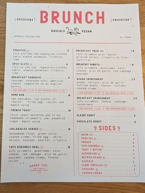 Menu at Rascal's in Santa Barbara