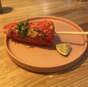 Spicy elote (this is only half, they kindly cut it  so I could share with my dining companion!)  at Rascal's in Santa Barbara
