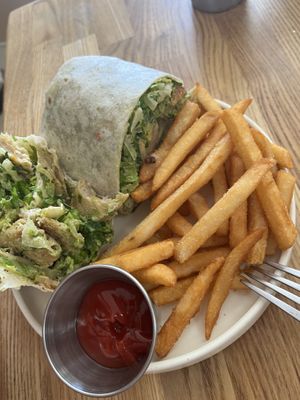 Caesar salad wrap with daring chicken and delish fries   at Rascal's in Santa Barbara