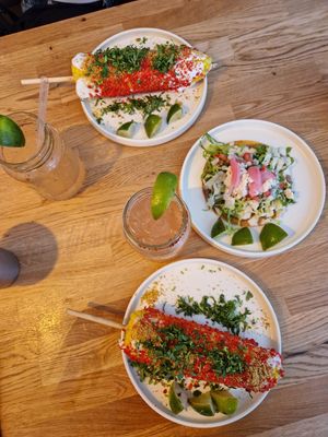 Spicy Elote and Bean tostada at Rascal's in Santa Barbara