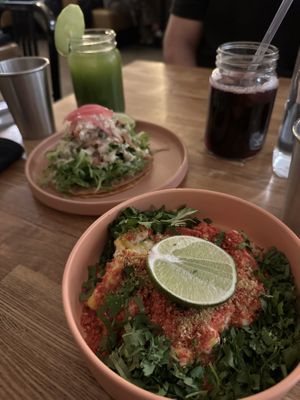 Bean tostada and esquites   at Rascal's in Santa Barbara