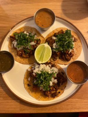Chorizo y Paps tacos with three salsas at Rascal's in Santa Barbara