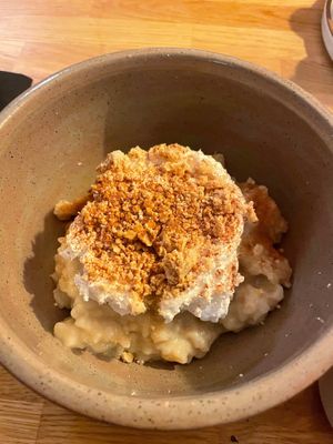 Rice Pudding with crushed peanut candy and whipped cream (SO GOOD!)  at Rascal's in Santa Barbara