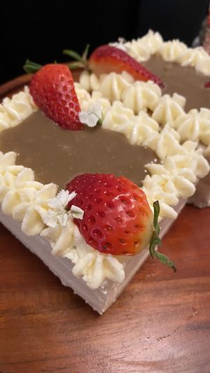 Special dessert of the day. Salted caramel and vanilla sponge cake with fresh strawberries. It was so good. If you see it, get it    at Rascal's in Santa Barbara