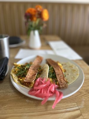 Breakfast tacos with vegan baconn  at Rascal's in Santa Barbara