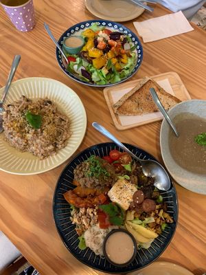 Sunchoke soup (marked vegan), two salads, and delicious mushroom risotto. Great bread too. at Little Sunshine Cafe in Bangkok