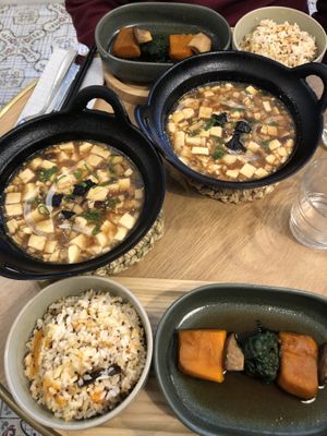 Japanese Mapo Tofu, seasonal veggies, and sweet potato & rice mix. A delish.  at Graines du Jour in Paris