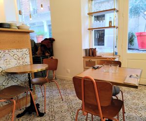 Some of the seats inside at Graines du Jour in Paris