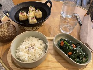 Fried tofu, rice and spinach with goji berries   at Graines du Jour in Paris