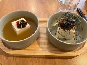 Soup and black garlic tofu  at Graines du Jour in Paris