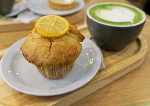 Lemon/Orange Muffin + Matcha Latte at Graines du Jour in Paris