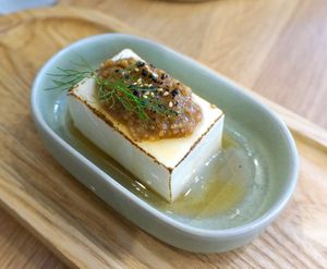 Silken tofu with a miso/umeboshi sauce at Graines du Jour in Paris