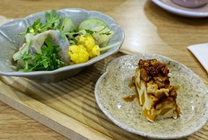 Tofu w/pumpkin and caramelized walnuts + cauliflower/miso salad at Graines du Jour in Paris