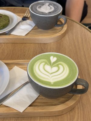 Matcha latte and Sesame lattee  at Graines du Jour in Paris