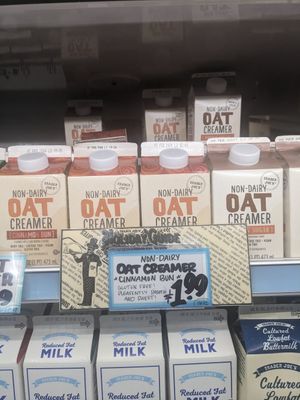 Nondairy coffee creamer, seasonal flavor for Christmas is cinnamon bun at Trader Joe's in Reno