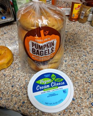 Vegan seasonal bagels and vegan cream cheese at Trader Joe's in Reno
