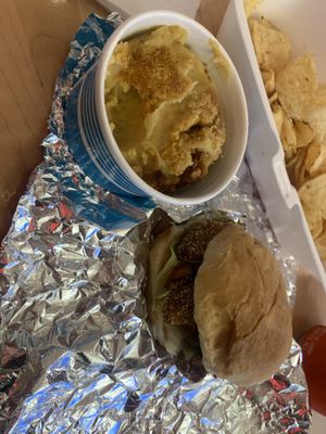 Fish sandwich and a side (some kind of yummy “cheesy” mashed potatoes) at Deep Sea Vegan in Nashville