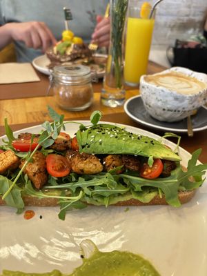 Tosta tofu and oat milk cappuccino   at Organic Jungle in Gran Canaria