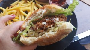 Vegan chicken burger with fries at Junk Vegan in Ankara