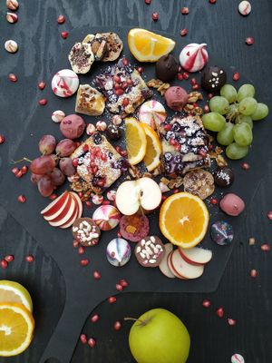 Dessert platter with homemade chocolates, meringues and cake squares at Orðakaffi in Akureyri