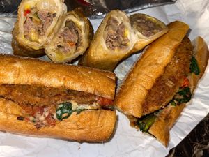 Cheese egg rolls and chicken cutlet sandwich  at Monster Vegan in Philadelphia
