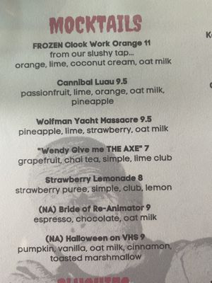 Mocktails (non-alcoholic) menu featuring vegan cocktails, all of them sound really nice tbh  at Monster Vegan in Philadelphia