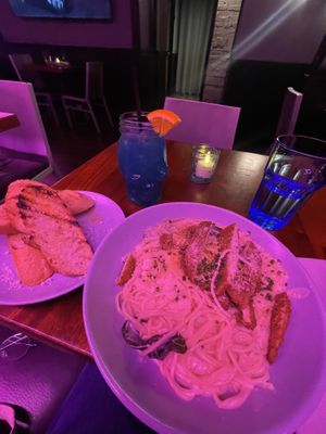Garlic Bread, Alfredo with chickN protein, Alcoholic drink    at Monster Vegan in Philadelphia
