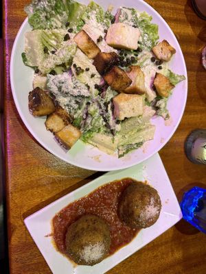 Caesar salad and fried mac and cheese balls   at Monster Vegan in Philadelphia