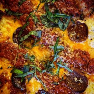 Marg with extra Pepperoni at Four Side Vegan Pizza in Manchester