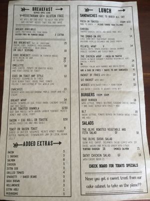 Menu at The Olive Cafe in Norfolk Island