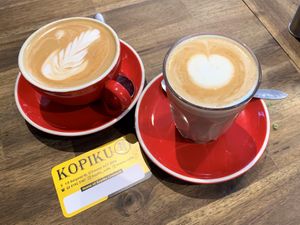 Great coffee - soy latte and almond flat white with the dark roast (you get a choice) at KOPIKU in Oconnor