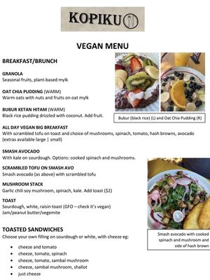 Unofficial list of vegan options at KOPIKU in Oconnor