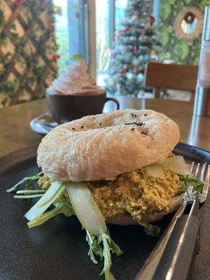 Mint mocha and pesto tofu bagel sandwich  at Carrots The Vegan Kitchen in Bangkok