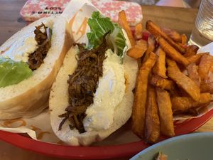 Sandwich and sweet potato friess  at Carrots The Vegan Kitchen in Bangkok