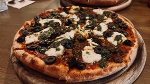 Spicy pizza with chorizo   at Carrots The Vegan Kitchen in Bangkok