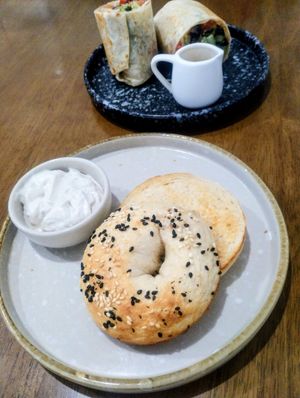 Sesame bagel with cashew cream cheese at Carrots The Vegan Kitchen in Bangkok