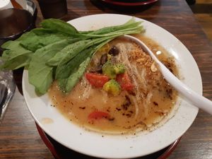 The vegan vegetable Ramen with greens, tomato, mushrooms, and avocado at Dashiro だし廊 in Sendai