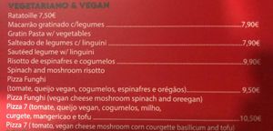 vegetarian and vegan menu at Napoli in Lisbon